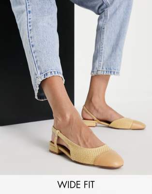 ASOS DESIGN Wide Fit Lively slingback ballet flats in natural raffia-Neutral