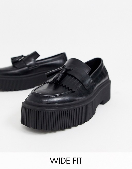 ASOS DESIGN Wide Fit loafers in black faux leather with chunky sole and tassel