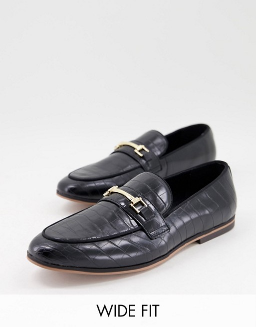 ASOS DESIGN Wide Fit faux leather loafers with croc effect in black