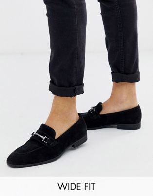 ASOS DESIGN Wide Fit loafers in black faux suede with snaffle detail | ASOS