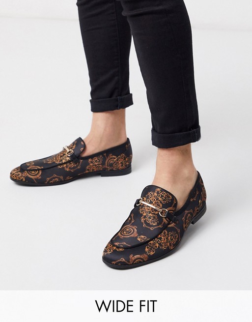 ASOS DESIGN Wide Fit loafers in black with baroque print