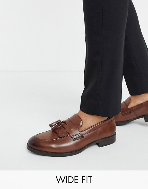 ASOS DESIGN Wide Fit loafers in brown leather with tassel and fringe detail