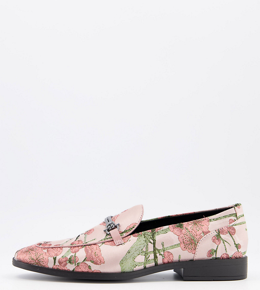 ASOS DESIGN Wide Fit loafers in multi floral print with bit detail-Pink