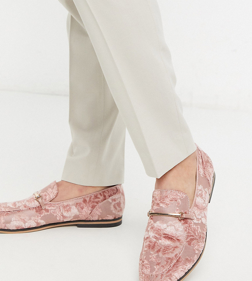 ASOS DESIGN Wide Fit loafers in pink burnout with floral design with snaffle