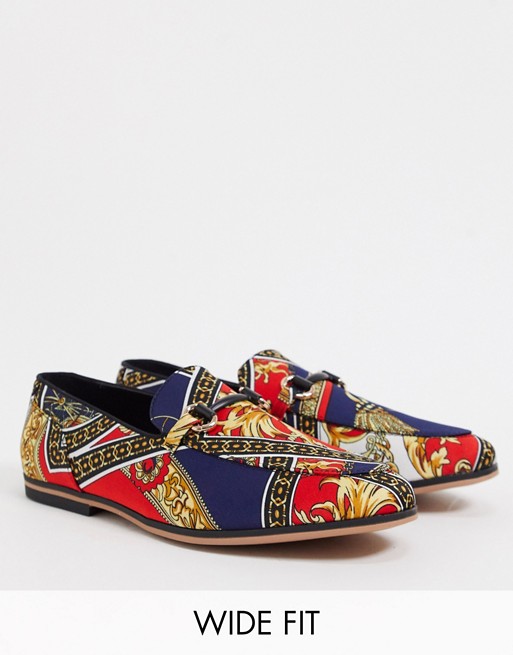 ASOS DESIGN Wide Fit loafers in red with baroque print