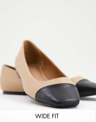 ASOS DESIGN Wide Fit Locket square toe ballet flats in beige and black-Neutral