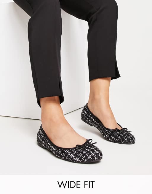 ASOS DESIGN Wide Fit - Locus - Ballerinaer med rund snude i sort og hvid tweed