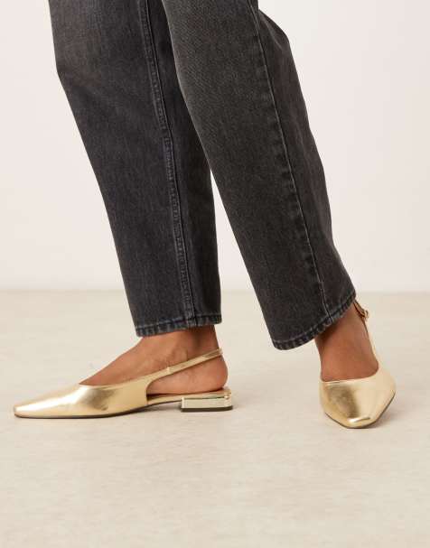 ASOS DESIGN Wide Fit Logan chisel toe slingback ballet flats in gold - view 1
