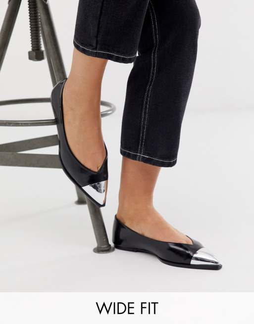 ASOS DESIGN Wide Fit Logan pointed ballet flats with toe cap in black | ASOS