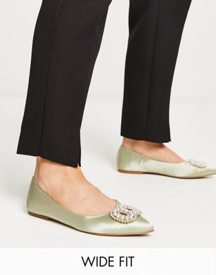 Asos Design Wide Fit Lola Faux Pearl Embellished Pointed Ballet Flats In Sage Green Satin