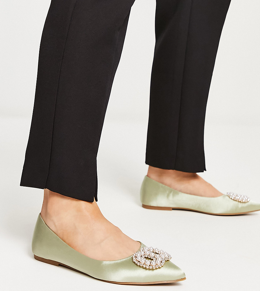 ASOS DESIGN Wide Fit Lola faux pearl embellished pointed ballet flats in sage green satin