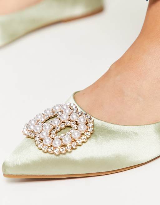 ASOS DESIGN Wide Fit Lola faux pearl embellished pointed ballet flats in  sage green satin