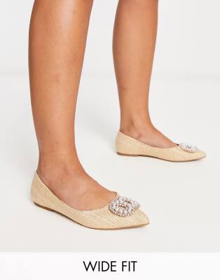 Shop Asos Design Wide Fit Lola Faux Pearl Pointed Ballet Flats In Natural-neutral