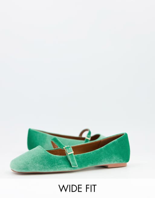 Asos Design Wide Fit Lolly Mary Jane Ballet Flats In Green Velvet Asos