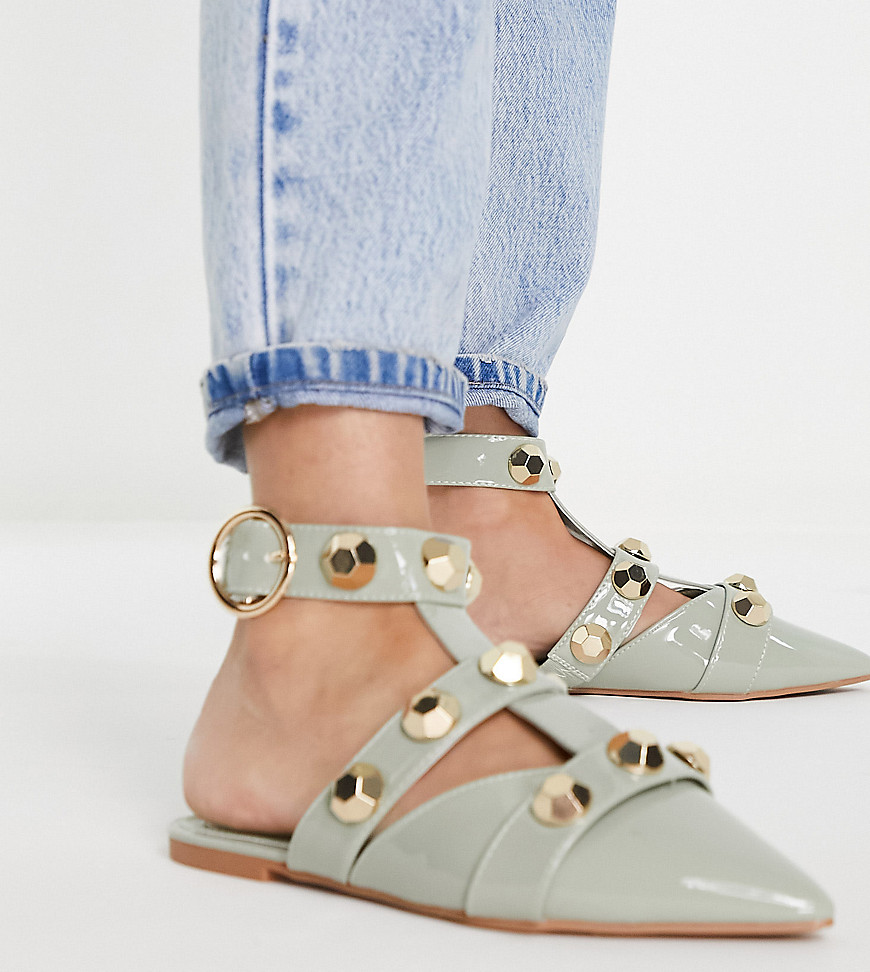 ASOS DESIGN Wide Fit Lorina studded ballet flats in sage green patent