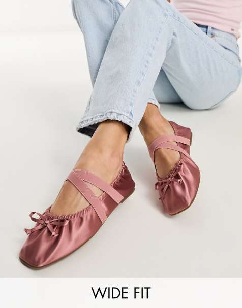 ASOS DESIGN Wide Fit Los Angeles ruched ballet flat in rose satin - view 1