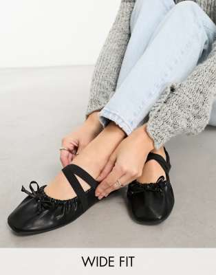Asos Design Wide Fit Los Angeles Ruched Ballet Flats With Elastic Strap In Matte Black