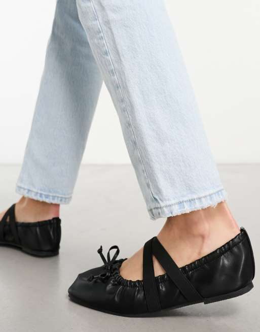 ASOS DESIGN Wide Fit Los Angeles ruched ballet with elastic strap in matte  black