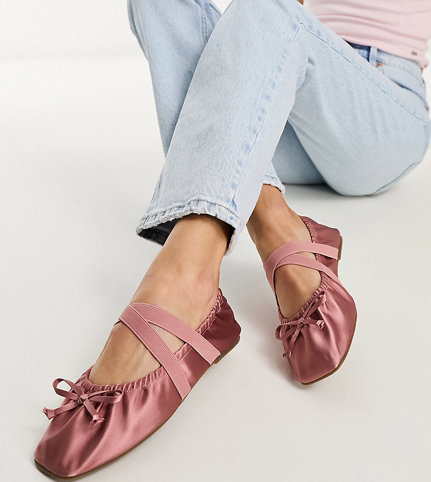 ASOS DESIGN Wide Fit Los Angeles ruched ballet with elastic strap in rose-Pink