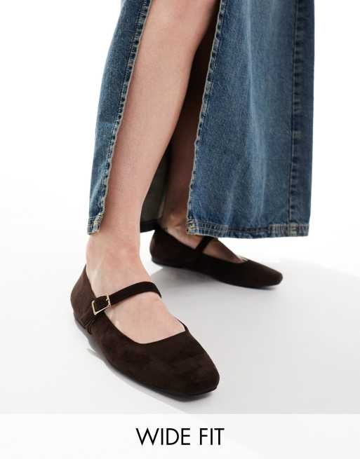 ASOS DESIGN Wide Fit Lottie Mary Jane ballet flats in brown | ASOS