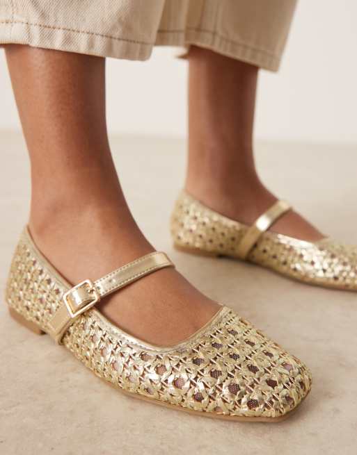 ASOS DESIGN Wide Fit Lottie mary jane ballet flats in gold weave