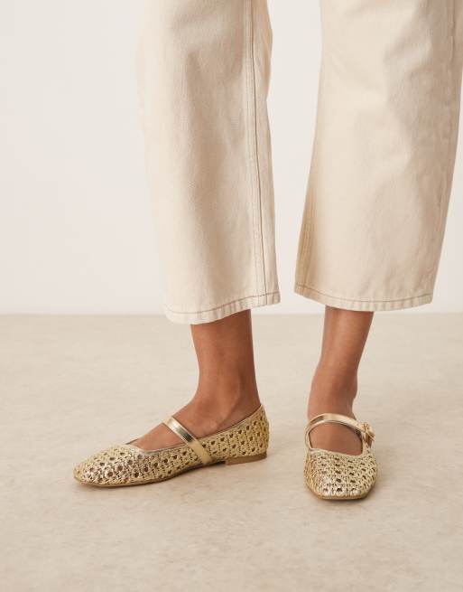 ASOS DESIGN Wide Fit Lottie mary jane ballet flats in gold weave