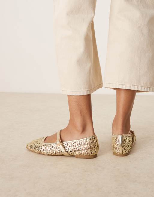 ASOS DESIGN Wide Fit Lottie mary jane ballet flats in gold weave