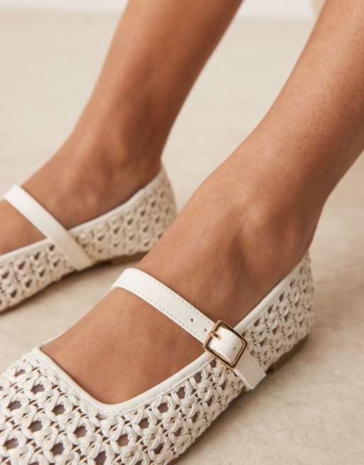 ASOS DESIGN Wide Fit Lottie mary jane ballet flats in off-white weave