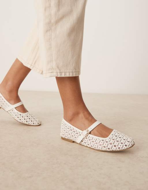 ASOS DESIGN Wide Fit Lottie mary jane ballet flats in off-white weave