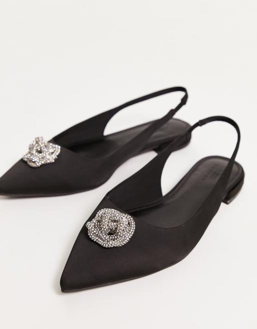 ASOS DESIGN Wide Fit Lotus embellished slingback ballet flats in black satin