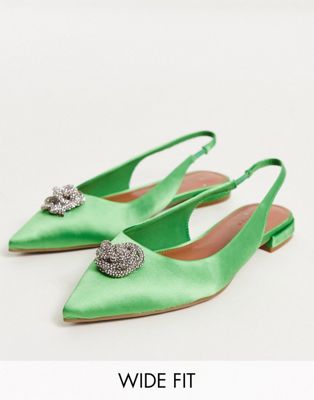 Asos Design Wide Fit Lotus Embellished Slingback Ballet Flats In Green Satin