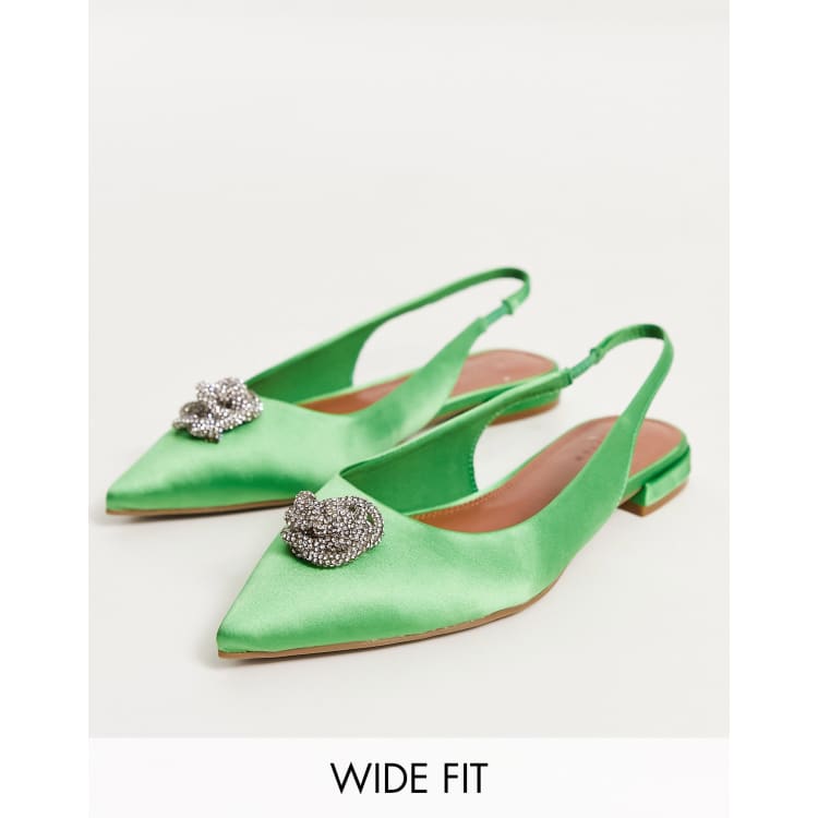 ASOS DESIGN Wide Fit Lotus embellished slingback ballet flats in green satin