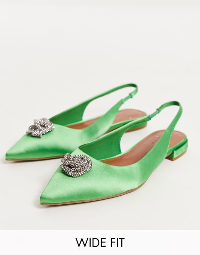 ASOS DESIGN Wide Fit Lotus embellished slingback ballet flats in green satin