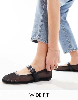 ASOS DESIGN Wide Fit - Lou - Mary-Jane-Ballerinas aus Netzstoff in Schwarz, weite Passform