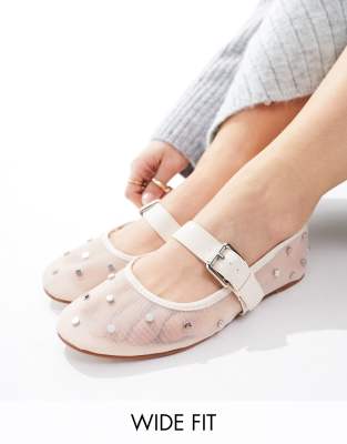 ASOS DESIGN Wide Fit - Lou - Mary-Jane-Ballerinas aus Netzstoff in Zartrosa, weite Passform-Neutral