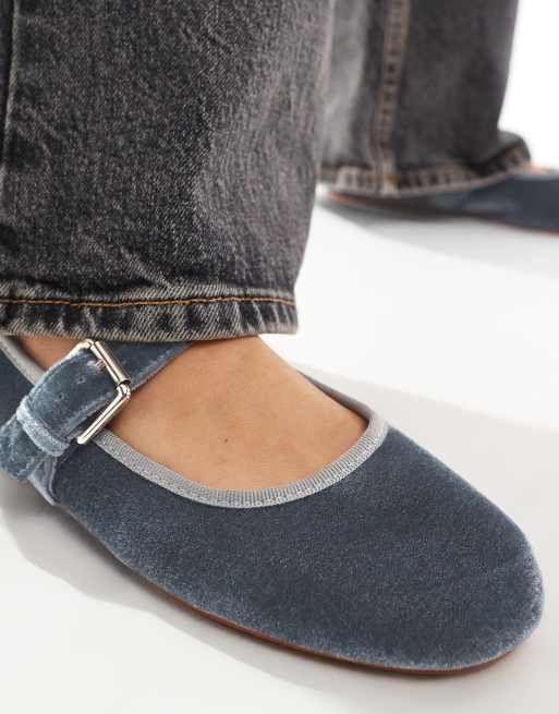 ASOS DESIGN Wide Fit Lou Mary Jane ballet flats in gray velvet