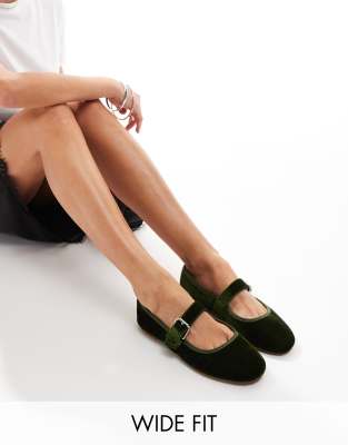 ASOS DESIGN Wide Fit Lou Mary Jane ballet in green velvet φωτογραφία