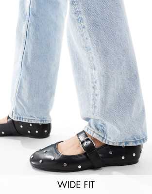 Asos Design Wide Fit Lou Studded Mary Jane Ballet Flats In Black