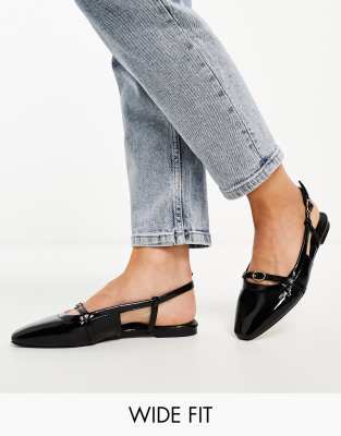 ASOS DESIGN Wide Fit - Loyal - Ballerinas in Schwarz mit Fersenriemen und ovalem Besatz