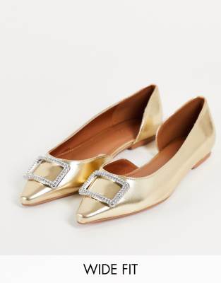 ASOS DESIGN Wide Fit Lozzy pointed ballet flats in gold metallic