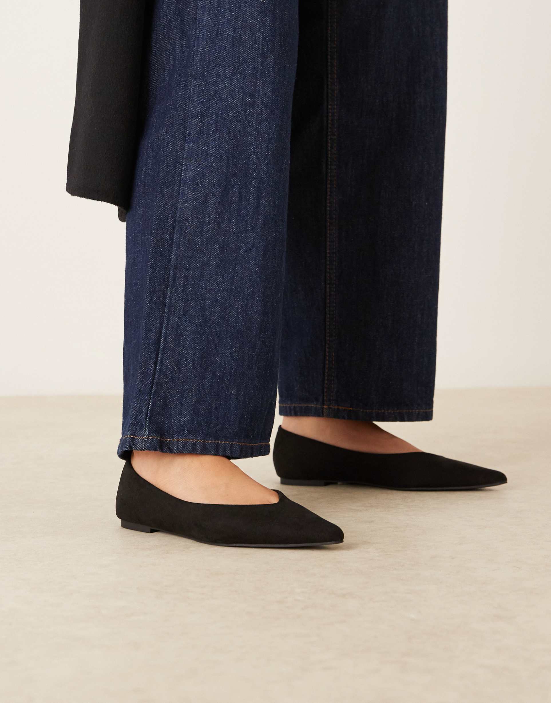 asos design wide fit ludo pointed ballet flats in black suedette