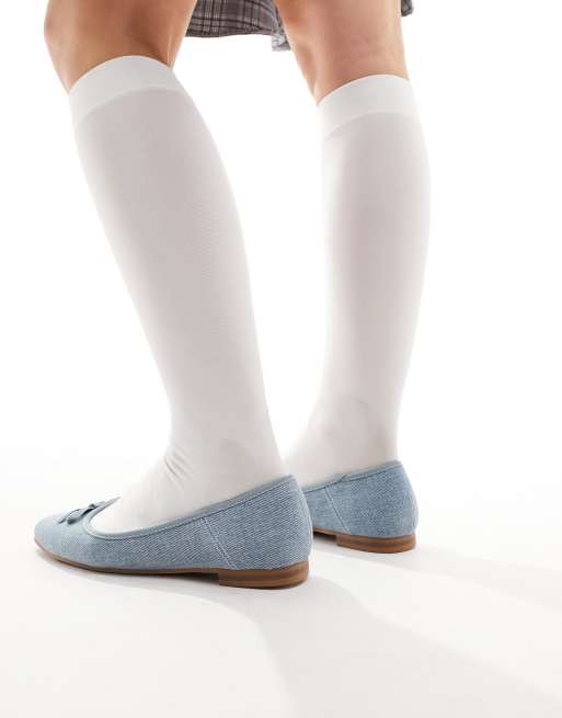 ASOS DESIGN Wide Fit Lullaby basic bow Ballet flats in Denim | ASOS