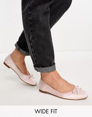 ASOS DESIGN Wide Fit Lullaby bow ballet in pink satin