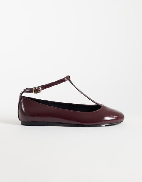 ASOS DESIGN Wide Fit Lulu T-bar ballerinaer i burgundy - view 1