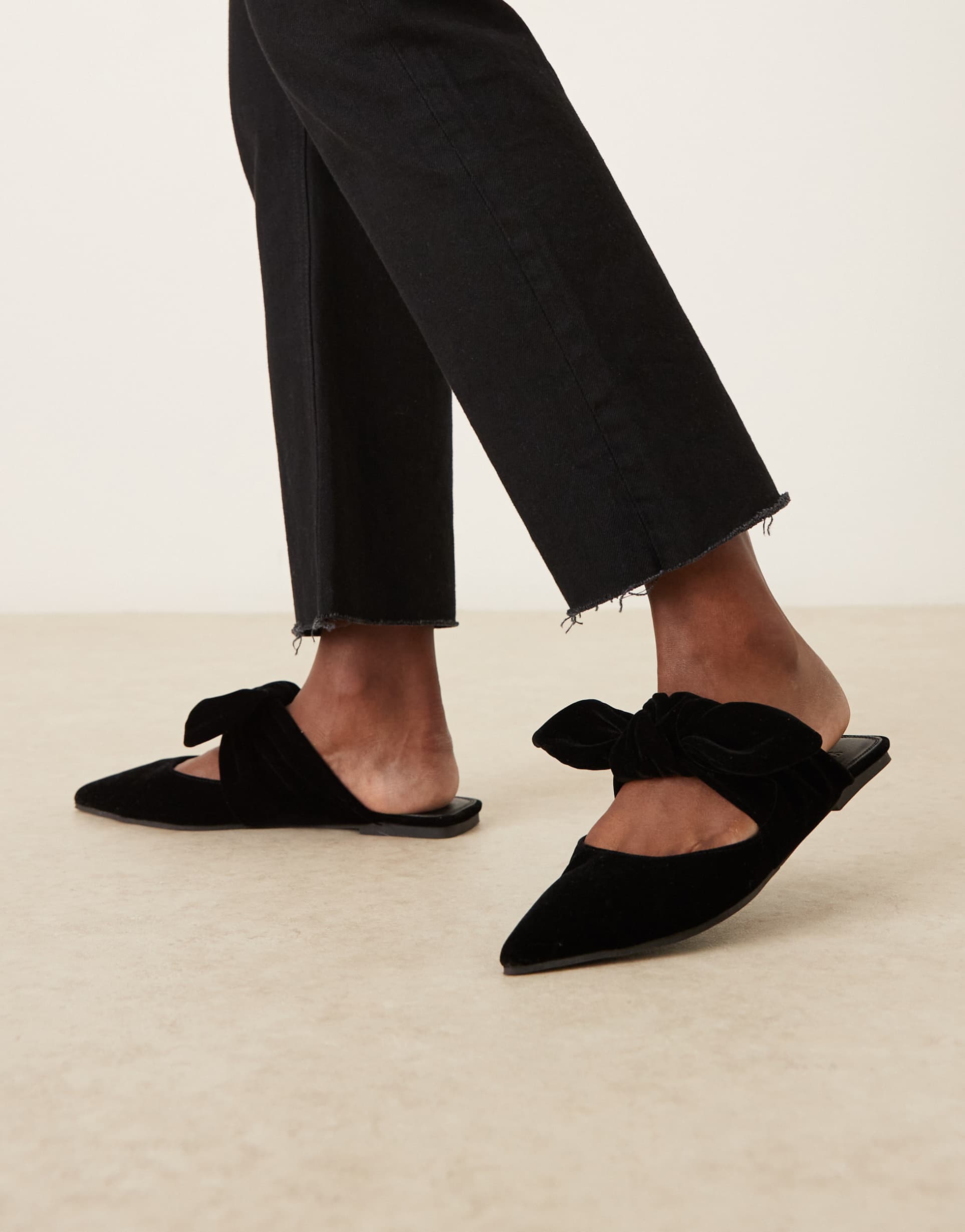 asos design wide fit lunar bow detail mules in black velvet