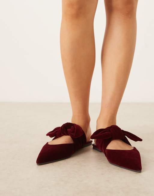 ASOS DESIGN Wide Fit Lunar bow detail mules in burgundy velvet, 3 of 4
