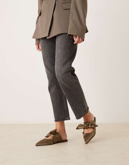 ASOS DESIGN Wide Fit Lunar bow detail mules in olive satin