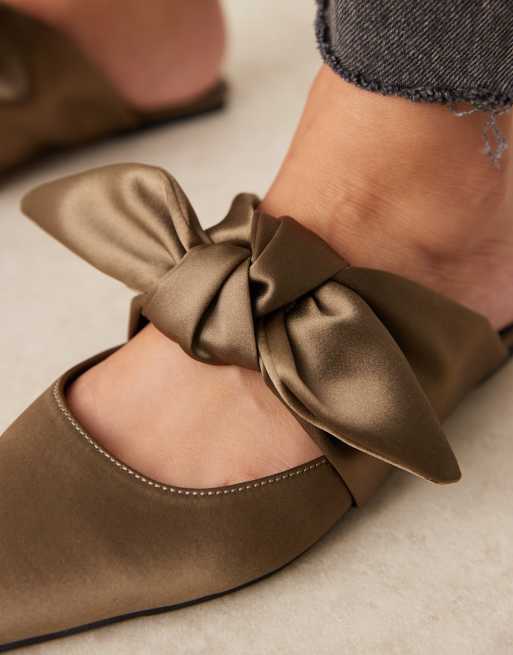 ASOS DESIGN Wide Fit Lunar bow detail mules in olive satin