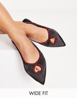  Wide Fit Lust heart diamante ballet flats in black satin