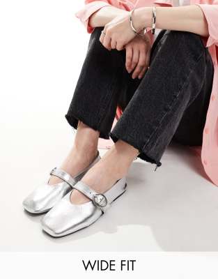 Wide Fit Luxe Premium Leather Mary Jane ballet flats in silver